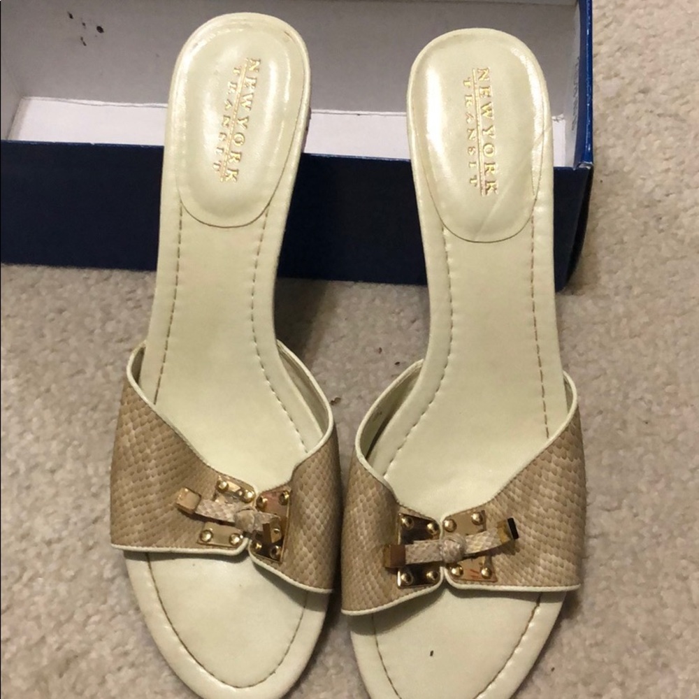 Slide on sandals. Yellowish tan